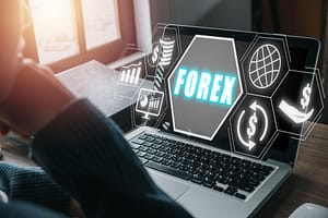 1920 forex trading young man using smartphone and laptop computer with forex icon on vr screen on desk online investment business internet and technology concept